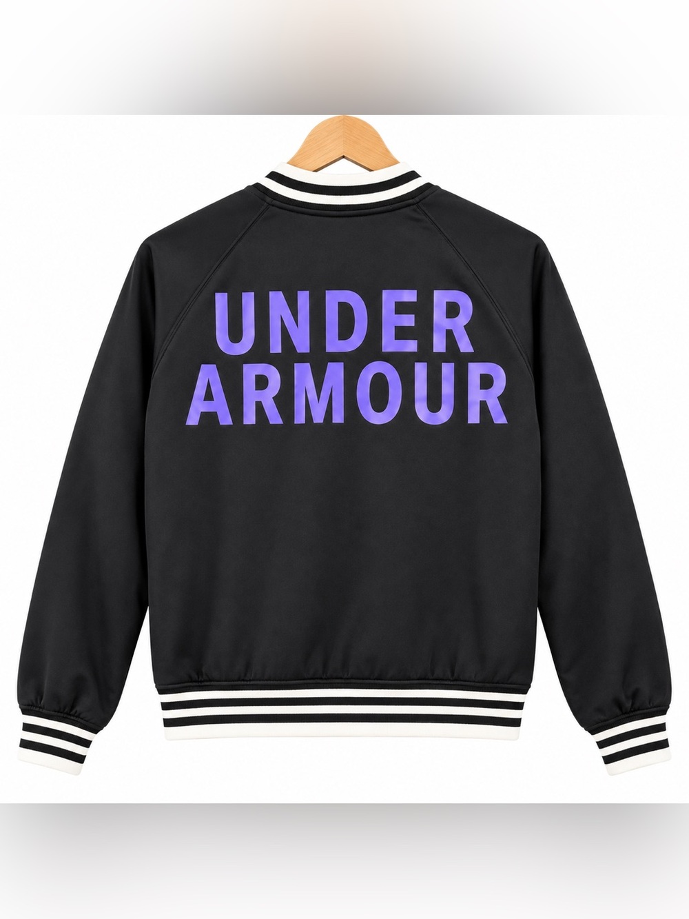Under Armour Black Varsity Jacket with Purple Logo and White Stripe Trim